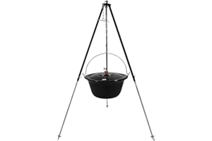 GRILLPLANET Original ungarischer Gulaschkessel 15 Liter emailliert | Dreibein-Gestell 130cm Teleskopgestell Kettenhöhenverstellung mit Gulasch-Topf, Suppentopf mit Deckel | Kesselgulasch Topf im Set