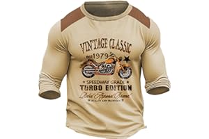 oneforus Hommes Vintage Classic Moto T-Shirt Lettre Imprimer Col Rond Manches Longues T-Shirts Motard Motocyclistes Hauts de Moto