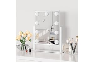 Moziel Specchio da Trucco Hollywood 30L x 25l cm con Luci a 9 Led sul Tavolo, 3 Colori di Luce e Funzione di Luminosità Regolabile (Dimensioni con Base 36L x 30l cm)