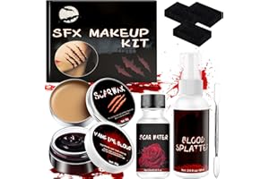 NATURAS BOUQUTIS Trucchi Halloween Make up Kit, Trucco Halloween Bambini Adulti con Spray per Sangue Finto, Cera per Cicatrici, Fake Blood Coagulato, Acqua Della Ferita Finta per Carnevale Viso Makeup Zombie Vampiro