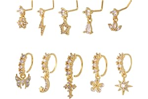 10st Dinglande Näsring, Guld Hängande Näsringar Snygga L-Formade Näsringstift Blomma Stjärnfjäril Piercingsmycken för Kvinnor
