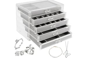 ZEONHEI Przezroczysta akrylowa szkatu?ka na bi?uteri?, 5 szuflad, przezroczysta, regulowana, aksamitna, organizer na kolczyki, pier?cionki, naszyjniki, bransoletki, bi?uteri?, 23,7 x 17,5 x 15 cm