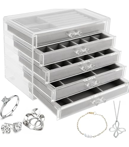 Frebeauty Coffret à Bijoux 5 Tiroirs Acrylique Transparent - Range Bijoux Empilable Avec Plateaux Velours