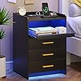 Dystler Nightstand with Charging Station, Bedside Table with RGB Light & Human Sensor Design, 3 Drawers LED Modern End Side Table for Bedroom Livingroom Office (Black)