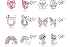 VEEDOFA Sterling Silver Earrings for Girls Women, Hypoallergenic Kids Stud Earrings, Cubic Zirconia Heart Flower Butterfly Rainbow Stud Earrings for Teen Childs Women