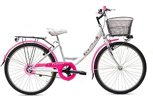 MADICKS Bicicletta Bambina Ragazza da Passeggio Misura 24 Bici con Cestino Floreale Bianco Rosa Fluo