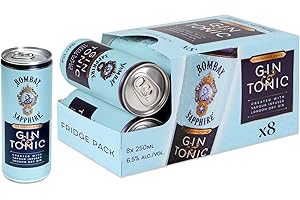 Bombay Sapphire Premium Gin & Tonic Fridge Pack, Ready-To-Drink Pre-Mixed Cocktail Can, Vapour Infused London Dry Gin, Natural Flavours & Premium Tonic Water, 6.5% ABV, 8 x 25cl / 250 ml