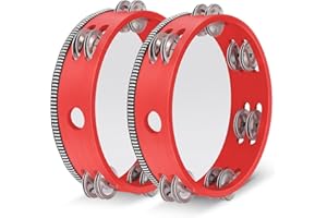 Flexzion Tamburin, Handtrommel mit Handgriff - 2er-Pack, 20cm Schellenkranz in Mond-Form aus Holz, Musik Schlaginstrument, zweireihige Schellenring mit 12 Paar Metall Schellen, Rot