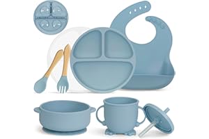 MOJINL Silikon Baby Geschirrset, Rutschfest Kindergeschirr Set mit Saugnapf, 7 Stück BPA Frei Esslernbesteck Sets mit Löffel Gabel Schüssel Lätzchen Baby Becher Trinklernbecher und Teller mit Deckel