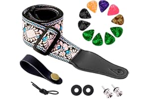ZENGSING Plektren Plektrum, Gitarrengurt, Gitarren Plektren Baumwollgitarrengurte Vintage bestickt Gitarrengurte mit echtem Leder Enden Gurtschlössern Gitarrenplektren für Bass, Akustik, E-Gitarre (Set B)