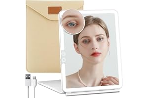 FUNTOUCH Large Rechargeable Travel Makeup Mirror with Light, Portable Makeup Mirror with 10X Magnifying Mirror 3 Lighting Modes, Dimmable Touch Screen, Tabletop Folding Travel Mirror with Storage Bag