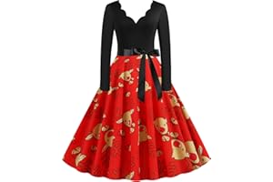 EFOFEI Womens Christmas Dresses Sexy Vintage 1950s Retro Dresses for Women V Neck Long Sleeve Party Dress