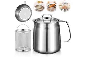 VEGENA Recipiente para grasa de tocino, 2 L, mini olla de acero inoxidable con colador, filtro de aceite, recipiente para grasa de tocino, herramienta de cocina para almacenar aceite de fritura y grasa de