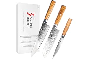 FUJUNI 3 Set Couteau Cuisine,Ensembles De Couteau Chef,Couteau Lame Damas en Acier Damas 67 Couche VG10 Acier 18cm, Manche En Bois d'Olivier, Boîte Cadeau
