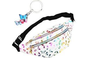 Wisebom Sac Banane pour Fille, Sac de Taille Femme Cuir PU, Sac Ceinture Multicolore avec Pendentif Papillon pour Enfants, Sacoche Banane Réglable pour Voyage Festival (Blanc)