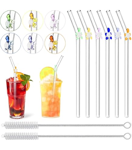 6 Grüne Glasstrohhalme Mit Schildkröten-Design & Reinigungsbürsten – Gebogen, Spülmaschinenfest, BPA-frei
