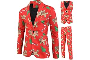YYDSTYLE Men's Christmas Suit 3 Piece Regular Fit Suit Snowflake Snowman Print Blazer Jacket Pants Vests Mens Ugly Christmas Suit Set