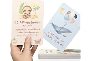 ‎KIPITAN 40 Affirmationen für Kinder auf 20 großen Affirmationskarten (DIN A6) für Achtsamkeit, Selbstbewusstsein und Motivation im Alltag mit Tochter oder Sohn