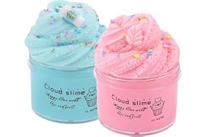 Basywiim 2 Pack Cloud Slime Kit, Blue and Pink Cloud Slime, with pink leaves and coffee cup Cute Charms, Educational Stress Relief Toys for Girls Boys Kids, Party DIY Toy, Birthday Gift