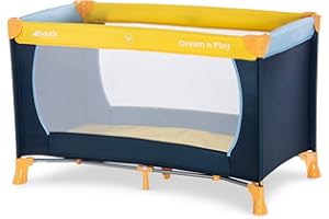 Hauck Reisebett Dream N Play 120 x 60 cm, für Babys und Kinder ab Geburt bis 15 kg, Leicht, Kompakt Faltbar, Inklusive Transporttasche und Faltboden, Gelb Blau Navy