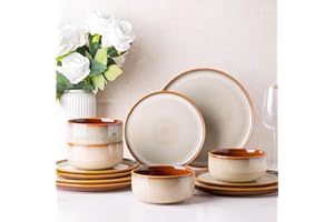 LeRatio Dinner Set for 4, 12 Piece Stoneware Plates and Bowls Set, Chip & Scratch Resistant Reactive Glazed Dinnerware Set, Dishwasher & Microwave Safe Crockery Set (Cappuccino, Service for 4)