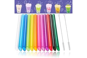 chimoo 12 Piezas Pajitas Reutilizables,Pajitas Bubble Tea Sin Bpa Pajitas con Puntas Anguladas con 2 Cepillo de Paja Pajitas Extra Ancha Plástico para Batidos Té de Burbujas Cócteles
