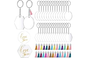 CDJX Acrylic Keychain Blanks 120 Pcs Transparent Circle Discs Hexagon Pendant Charm Key Chains Clear Round Acrylic Keychain Blanks and Keychain Tassels Pendant Keyring for DIY Key Rings Projects and Crafts