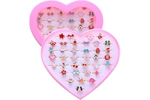 YUNHENTONG Niñas Pequeñas Anillos, 36 Piezas Anillos Niña, Anillos Niñas Ajustables, Vitrina con Forma de Ccorazón, Anillos de Juguete Niñas, para Obsequios de Fiesta para Niñas (estilo aleatorio)