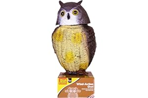 The Big Cheese Wind-Action Owl Realistic, Humane Decoy Deterrent, Scares Birds from Gardens, Boats, and Vulnerable Buildings with Rotatable Head and Reflective, Life-Like Eyes