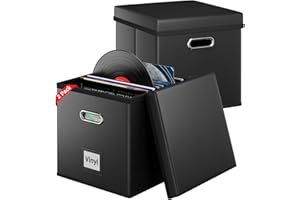 Aolawco 2 PCS 12 inch Leather Vinyl Record Storage Box, CD Storage Case with Lid & Handles, Folding LP Storage Boxes Holds up to 100+ Single Records, Records Organizer for Albums, CDs, Magzine, Files