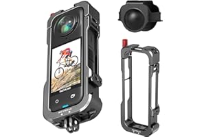 REYGEAK Funda para Insta360 X4, Marco de Aluminio para Insta360 X4, Jaula Protectora con Cubierta de Lente de Silicona, Interfaz de Zapata fría con roscas de 1/4 Pulgadas, Montaje de Zapata fría con
