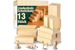 BLUVIZO Schnitzholz Set Lindenholz zum Schnitzen: 13 Stück Holzblöcke und Schnitzvorlagen - 3 Größen Unbehandelte Holzblock Holz Rohlinge Basswood zum Holzschnitzen und Basteln für Anfänger