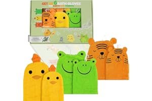 Hello Hippo® Juego de 6 Manoplas de Baño Bebé – 3 para Padres + 3 para Niños – 100% Algodón Suave – Tigre, Pollito y Rana – Esponjas Bebé, Recién Nacido Lavables