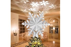 Bee Elf Weihnachtsbaum Topper beleuchtet Stern Baum Topper mit LED rotierenden Schneeflocken Projektor Lichter, 3D Hohle Silber Schneeflocken Baum Topper für Weihnachtsbaum Dekorationen (silbrig)