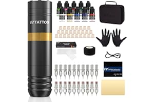 EZ TATTOO EZ Kit de Máquina de Tatuar - Kit de Tatuaje con Rotulador para Máquina de Tatuar, Batería de 1500 mAh Fuente de Alimentación, 20Pzs Agujas de Tatuaje Surtido para Tatuadores (Caster Dorado)