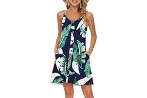 WNEEDU Robe D'été Femme Bretelles Spaghetti de Plage Robes Décontractée Courte Col en V avec Poches