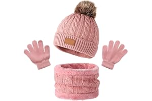 HEVIBK Bonnet Chaud écharpe Gants Ensemble D'Enfant 3en1,Tricoté Tour de Cou Chaud avec Doublure, Thermique Gants pour Fille Garçon 2-6 ans