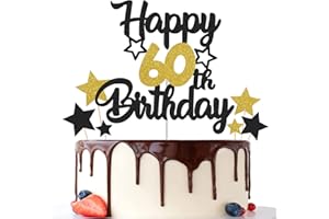 Gidobo 60th Birthday Cake Toppers, Black Gold Glittery Cake Decorations with Stars, Sixty Years Old Birthday Party Supplies for Men and Women