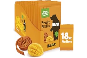 ‎BEAR BEAR Fruchtrollen Mango | 100% Natürliche Inhaltsstoffe | Ohne Zusatz von Zucker | Gesunder Snack für Kinder & Erwachsene | 18 Beutel x 20g | 360g, Gelb