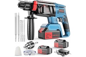 PONOSEU Marteau Perforateur Sans fil avec Aeux Batteries de Rechange 21 V 4000 mAh, Fonctions 4 en 1, Adaptateur SDS-plus avec Mandrin de Perçage, pour Perforateur