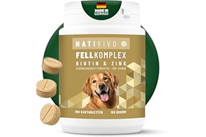 NATIVIVO Fellpflege Hund - Juckreiz Hund Fellpflege - Fellkomplex Biotin & Zink - Unterstützend bei Juckreiz - Biotin für Hunde Glänzendes Fell - 100 Tabletten Nahrungsergänzungsmittel für Hunde