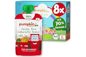 ‎PUMPKIN ORGANICS Pumpkin Organics Bio Gemüse-Quetschies 8er Pack Karotte, Birne, Süßkartoffel, Brokkoli ohne Zuckerzusatz¹ - ab dem 6. Monat - als Snack oder Beikost für unterwegs - glutenfrei (8x100g)