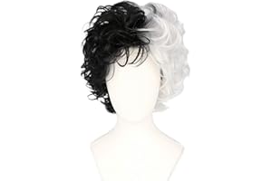 Topcosplay Peluca de Cruella de Vil Blanca y Negra, Peluca de Mala Mujer Cortas Pelucas Disfraces para Halloween Cosplay Carnaval