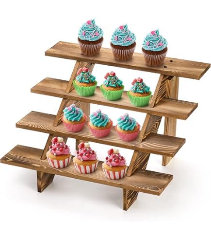 SwallowLiving Wooden Rustic Cupcake Stand For 24 Cupcakes, Stepped Wood Display Stand For Weddings, Tiered Party Table Display Riser For Food , Dessert, Cookie, Decor, Craft Show, Burnt