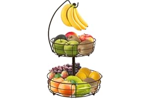 BOMCLAP Carrelli Portafrutta - Cesto di frutta a 2 livelli con supporto per banane - Vaschetta per frutta in metallo rimovibile - Cestini decorativi per frutta, verdura, pane e snack - Bronzo