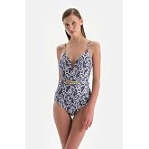 Dagi Cupless Paisley Desenli Sabit Askılı &Uuml;&ccedil;gen Geniş Mayosu 24SW85093ST Ekru/mor Kadın