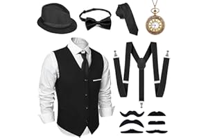 Alintor 20er Jahre Kostüm Herren, FaschingsKostüme Männer, Mafia Karneval Kostüm Herren, Peaky Blinders Kostüm, 20er Jahre Accessoires Panama Hut Weste Krawatte Fliege Hosenträger Herren Kostüm Set