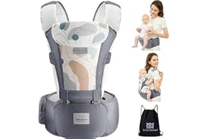 Bebamour Baby Carrier with Hip Seat, Newborn to Toddler 0–36 Months, Ergonomic Infant Carrier with Adjustable Waist Belt, Hea
