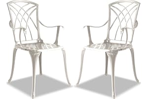 Homeology Oshowa White 2-Large Garden and Patio Bistro Chairs with Armrests in Cast Aluminium