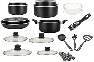 Herzberg - Batterie de Cuisine - Set de Casseroles et Poêles Induction 17 Éléments - Aluminium Forgé avec Revêtement Marbre - Poignée Amovible - Anti-Adhésif - Tous Feux - Gant Inclus - Noir